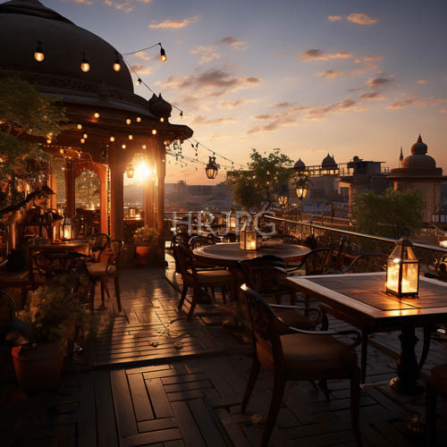 skyscrapers surround rooftop restaurant with steel exteriors reflecting sunset hues surrounding earthy tones and blues