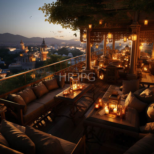 mountain cityscape under sunset elegance with ornate wooden accents and twinkling city lights