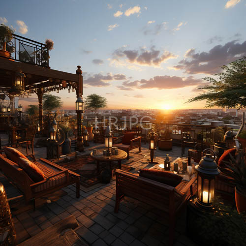 High Resolution: Rooftop oasis with intricate wooden furniture and richly patterned tiles download. | HRJPG.com