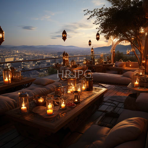 lanterns and candles light up rooftop patios at twilight