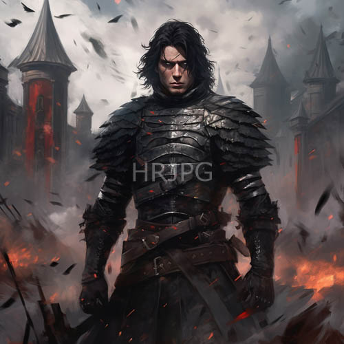 warriors resolve in flickering ruins of charred crumbling stone and darkening skies