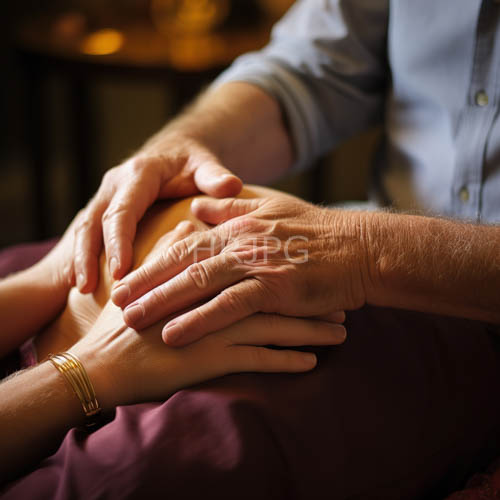 elderly mans weathered hands beside delicate wrist jewels in warm brownhued light