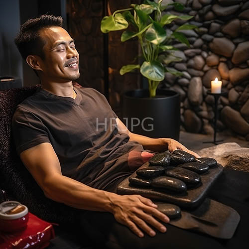lush greenery envelops a tranquil asian man in a serene dimly lit room with cityscape backdrop