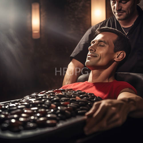 warm light washes over men receiving hot stone massages