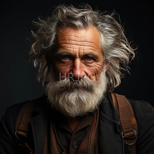 elderly mans intense gaze pierces through the void against black background