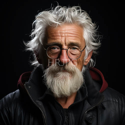 wrinkled caucasian mans weathered face amidst worn leather and shadows