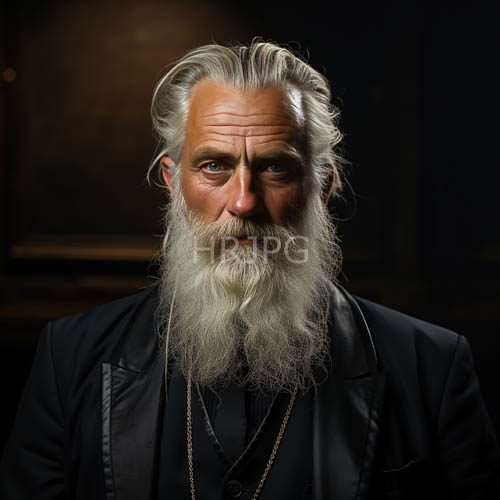elderly man dominates muted wooden textures with piercing blue gaze
