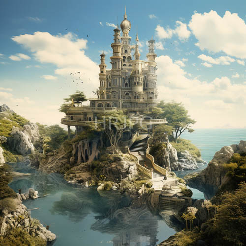 castle perched atop rugged cliffs amidst lush verdant landscape under piercing blue sky