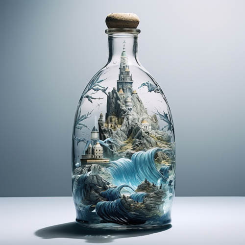 translucent cork stopper reveals miniature castles rocky terrain and turbulent waters