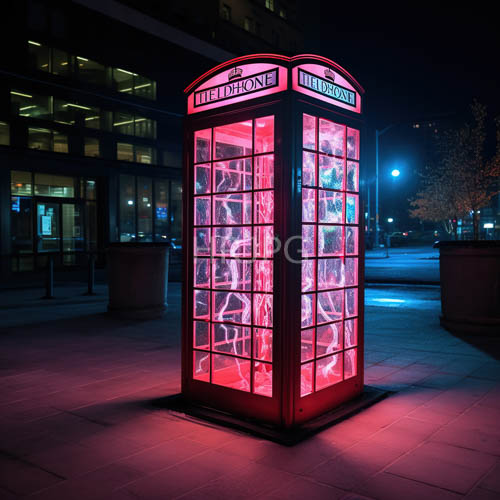 neon lights cast kaleidoscope of colors across classic british telephone boxes
