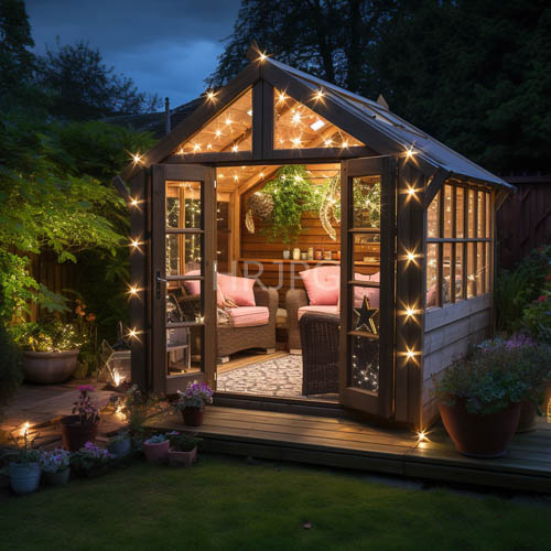 flickering string lights illuminate emerald ivy on weathered shed walls