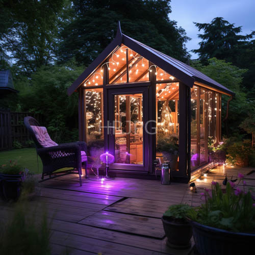 fading light on weathered wicker in lush greenhouse setting with kaleidoscope of colors