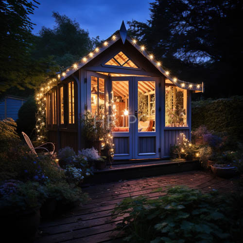 High Resolution: Glowing String Lights Reflect on Weathered Wooden Garden Shed Facade Amidst Fading Dusk download. | HRJPG.com