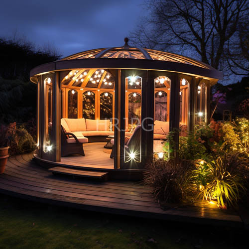 twilight oasis ambiance unfolds amidst majestic circular wooden gazebo dusk setting