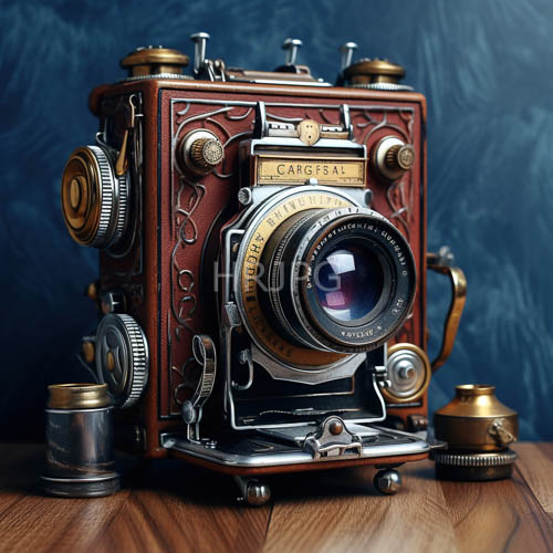 antique camera with intricate leather and brass accents in a nostalgic setting