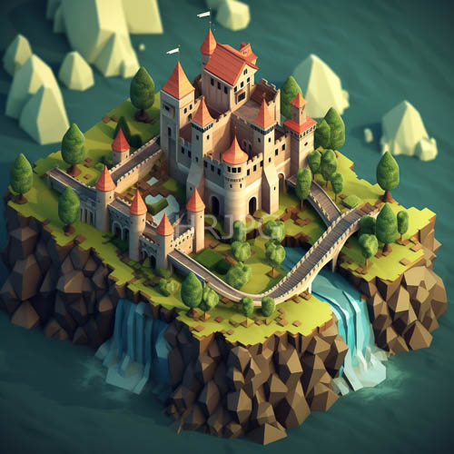mosscovered rocks cascade turquoise water beneath crimsonroofed island castle towers