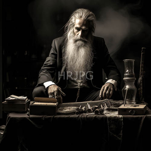 elderly man amidst flickering candlelight in dimly lit room with velvetdraped boxes and dusty tools