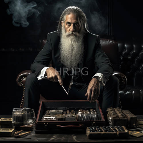 faded figure amidst worn leather and cigar smoke