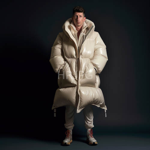 angular caucasian man in creamcolored puffer coat with red laced boots in muted gray setting
