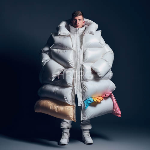 caucasian mans bulky silhouette amidst layered winter coat and dark blue gradient backdrop
