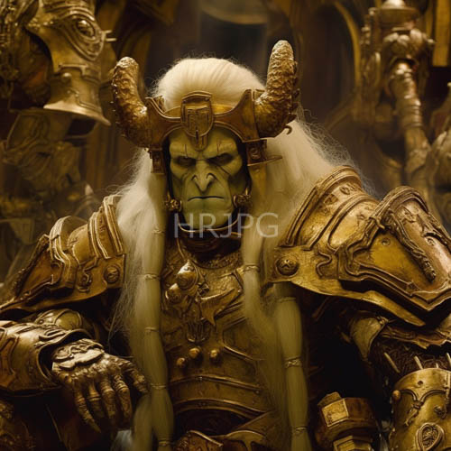 orc warrior stands vigilant beneath faint light amidst ornate ancient battlements