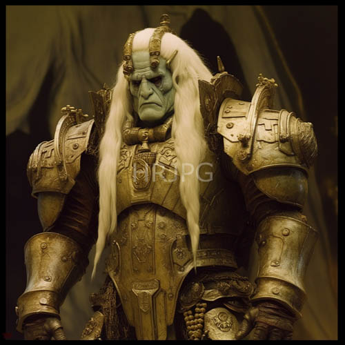 humanoid in ornate armor with worn fabric in dim indigo light