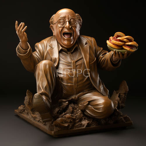 bronze statues rest on lunar terrain beside scattered burgers