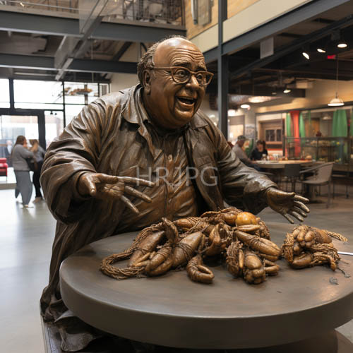 crab arrangements decorate bronze statues near modern architecture