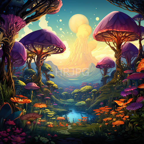 towering fungi amidst emerald foliage and kaleidoscope sunset skies emerge