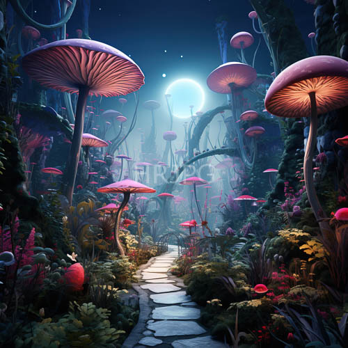 High Resolution: Forest Floor Frenzy Emerald Moss and Fuchsia Fungi Amidst Ancient Stone Pathway download. | HRJPG.com