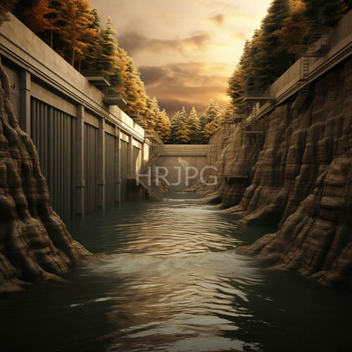 rustred canyon formations tower over emerald waters amidst amberhued twilight