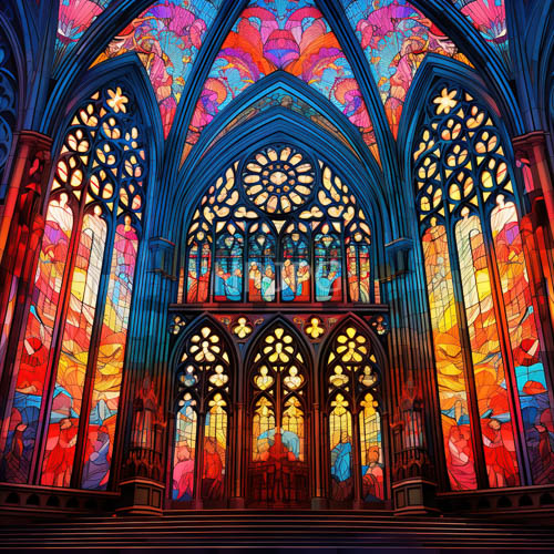 gothicstyle church interior features intricately carved wooden pews and vibrant stained glass windows