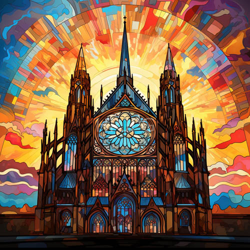 High Resolution: Gothic Cathedral Facade Iridescent Light Dance Stone Folds Majestic Spires download. | HRJPG.com