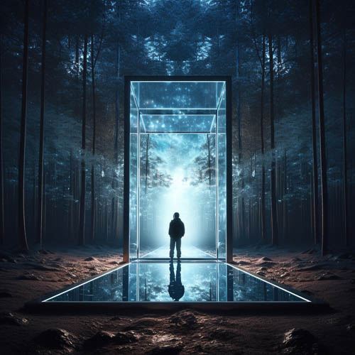 mysterious glass portals sit on primeval forest floors among trees
