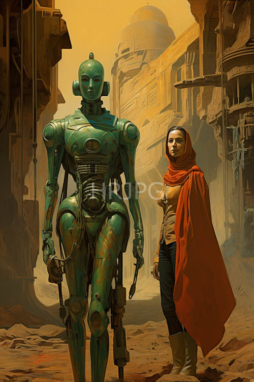 medieval android emerges from hazy yelloworange skies with glistening teal metallic limbs