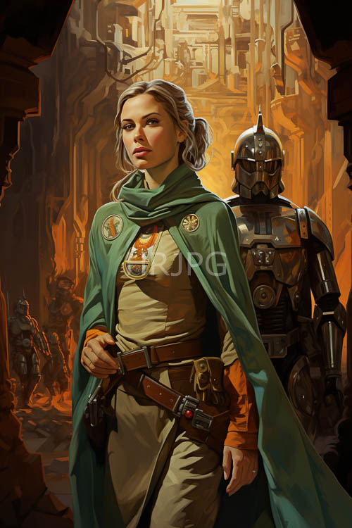 knight figure amidst futuristic backdrops with metallic accents and rich green cloaks