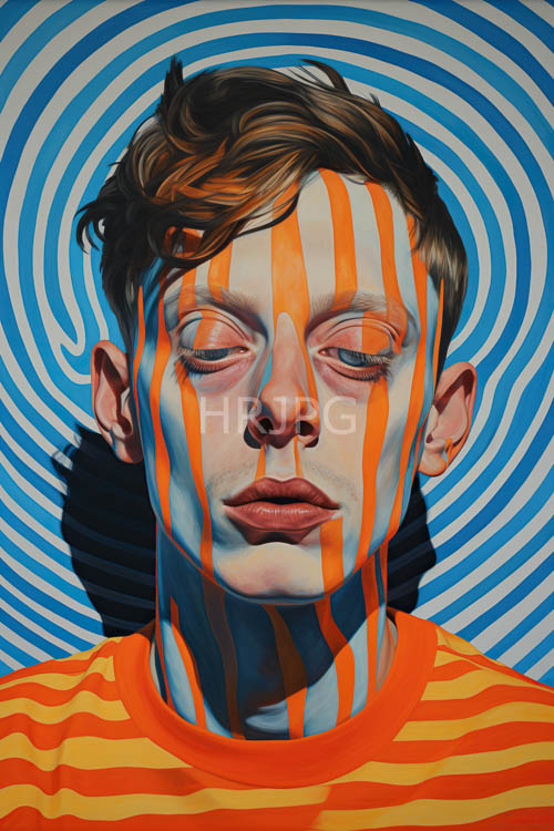 androgynous figure reclines in realistic scenery of pale skin and orange stripes