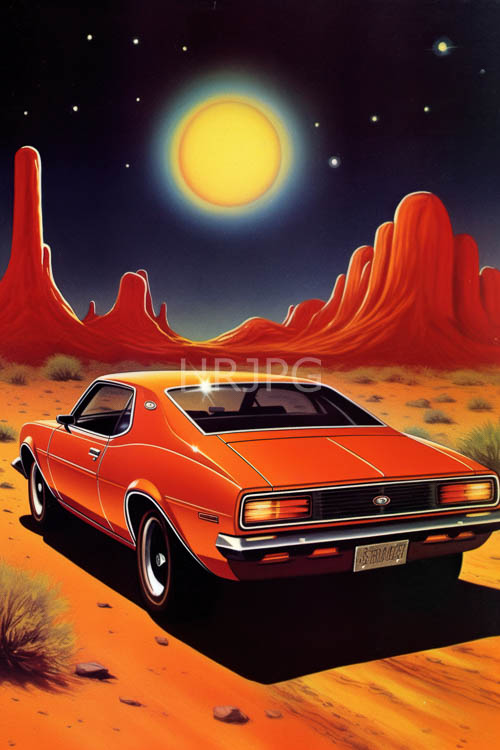 faded desert landscape with weathered rock formations and the vintage mustang under starlight