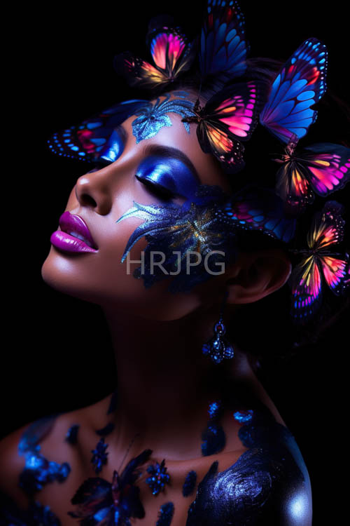 africana womans visage set against fluttering iridescent wings in muted dim light