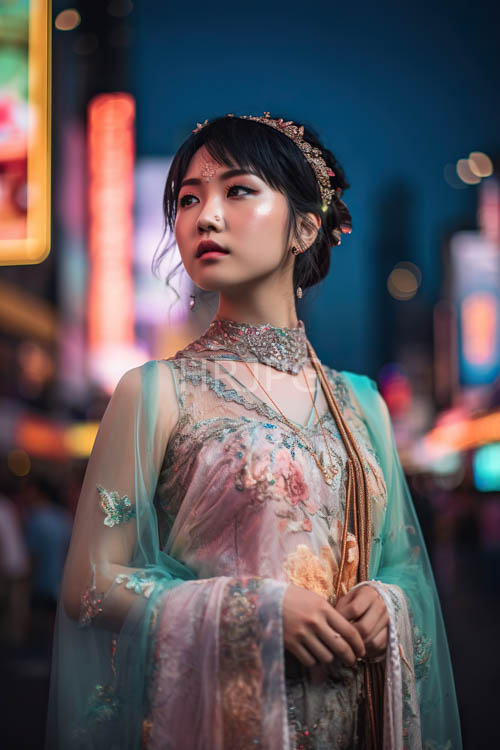 chinese traditional clothing contrasts against neon urban backdrops