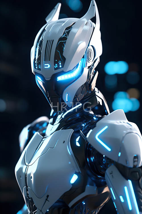 mechanical humanoid emerges from inky blackness with angular limbs and neon accents