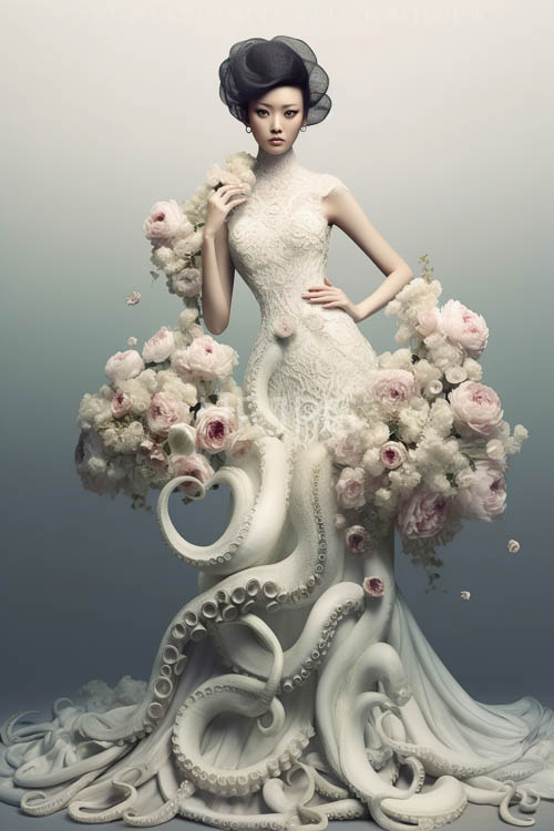 mermaid gowns of delicate lace flow down pale skin