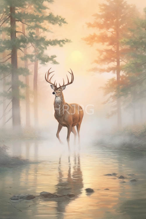 misty forest encounter with antlered majestic creature in serene shallows