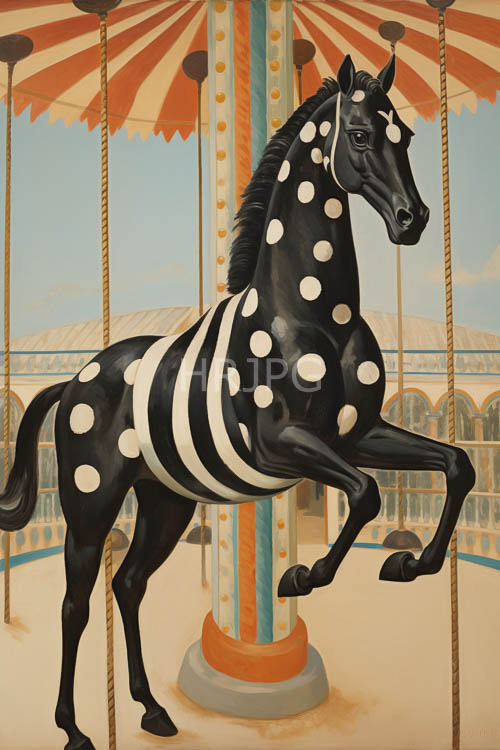 ornate tent poles stretch upwards supporting striped fabric and sleek horse