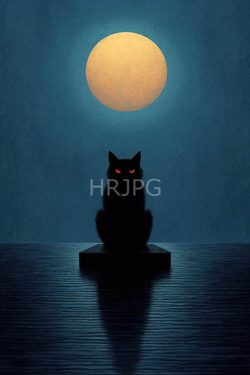 ominous blackfurred cat sits amidst gradient blue sky and rippling water surface