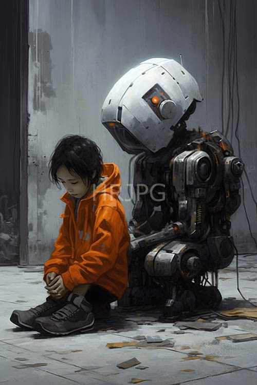 concrete street corners hold orange hoodies beside old robots