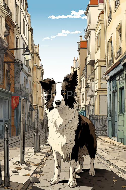 border collie stands amidst vintage lampposts in europeanstyle alleyway with intricate metalwork