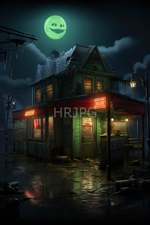 rainwater ripples on diner facade amidst creeping fog and flickering streetlights