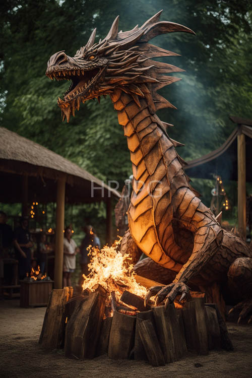 rugged wooden dragon statue amidst forest landscape with flickering orange flames and softly falling shadows