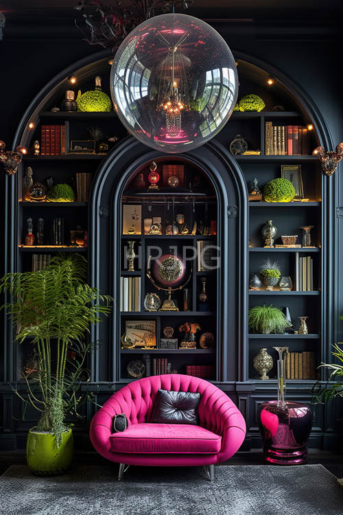 mysterious shadowy space with ornate bookshelves and luxury accents